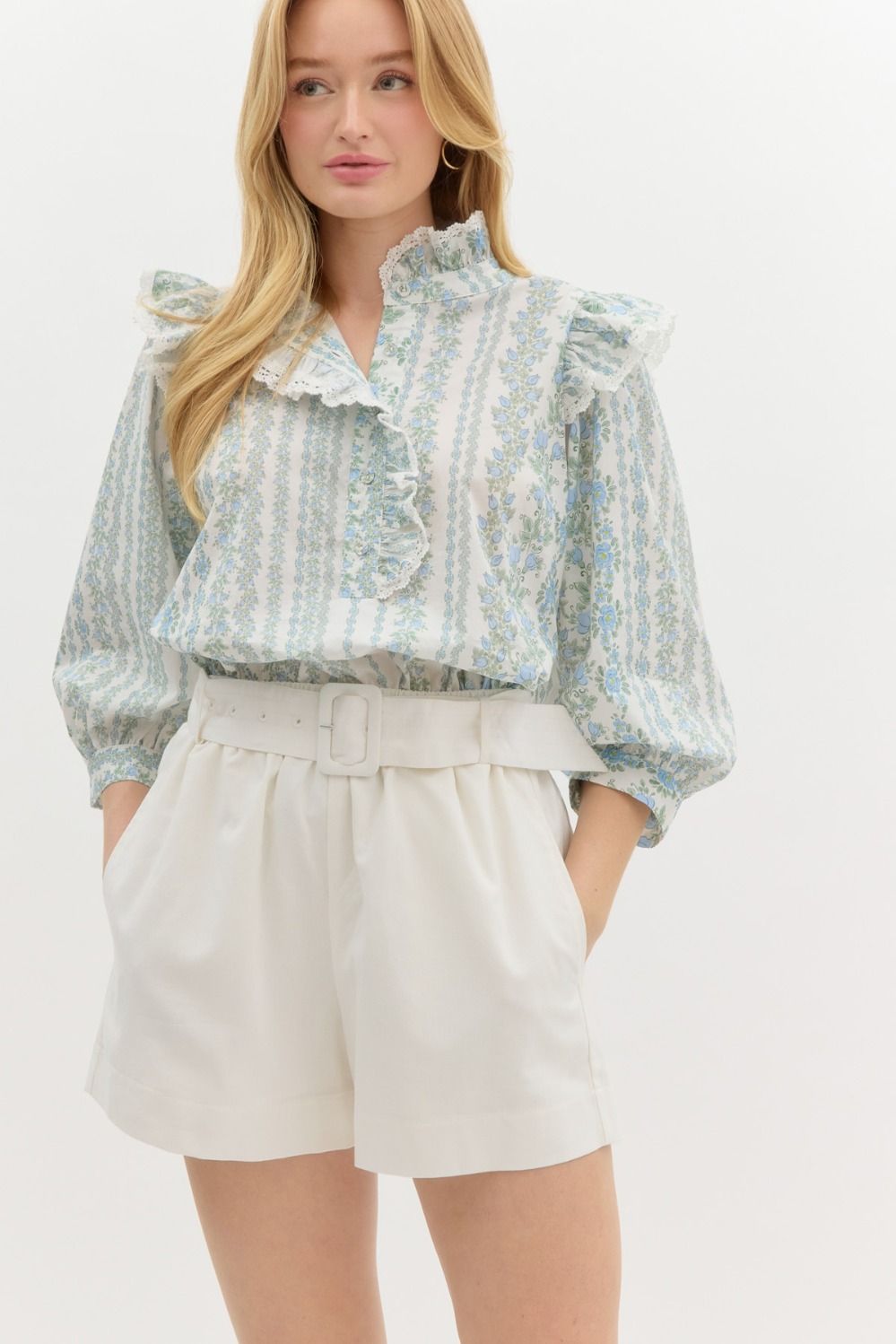 Spring Garden Blue Flutter Sleeve Blouse