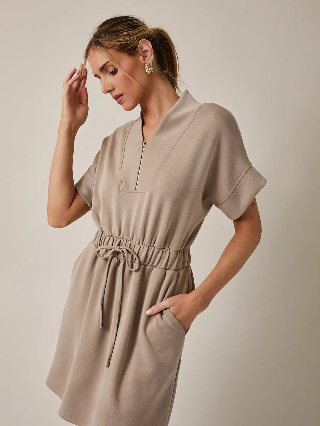 V-Neck Short Sleeve Waist Tie Zip Up Mini Dress - Michigan Southern Charm