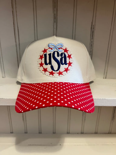 USA Embroidered Hat, Red Polka Dot Brim