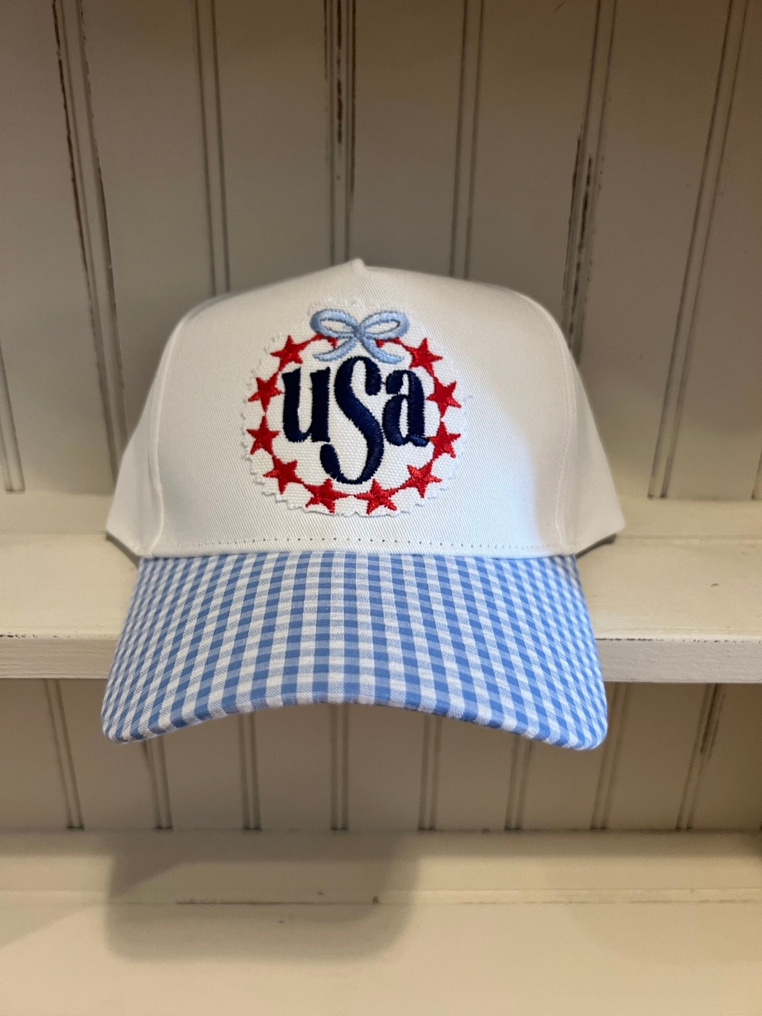 USA Embroidered Hat, White and Blue