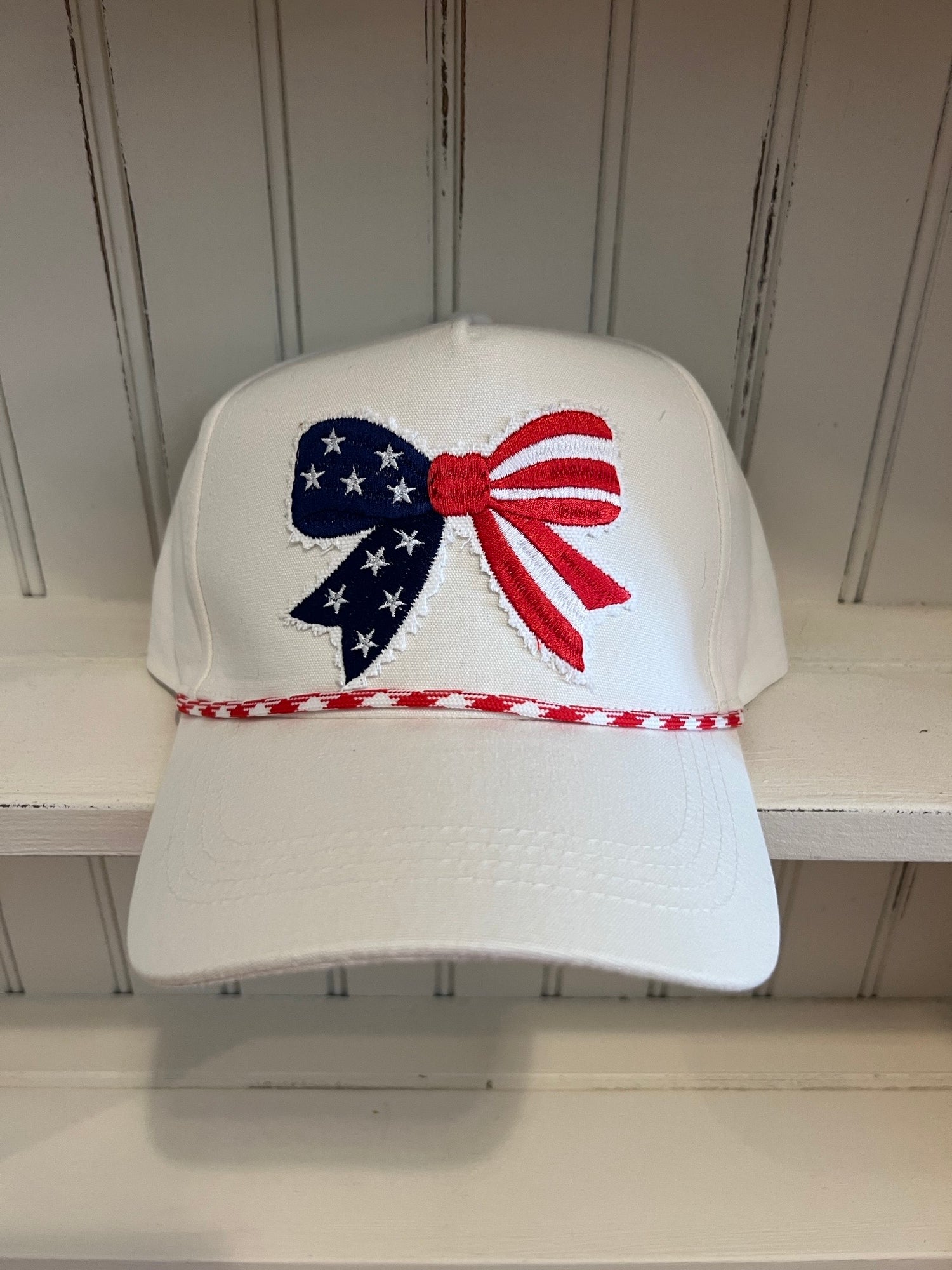 Patriotic Bow Embroidered Hat, White