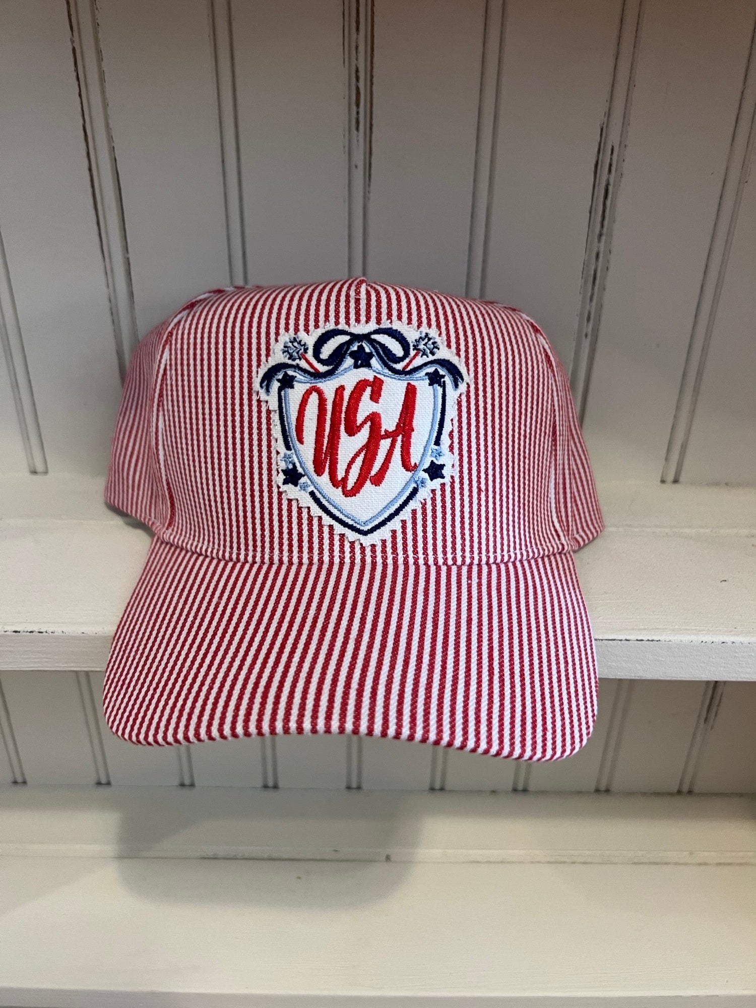 Striped Hat with Embroidered USA Design