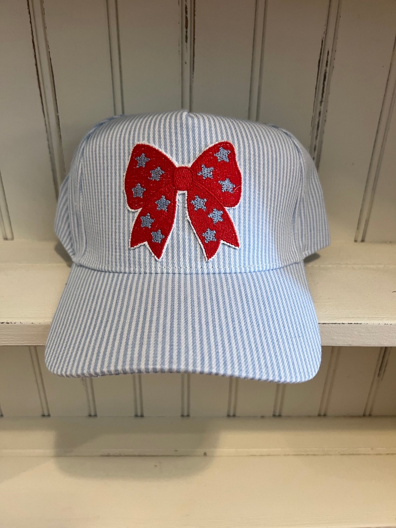 Striped Cap with Embroidered Bow