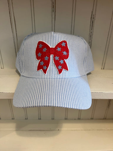 Striped Cap with Embroidered Bow