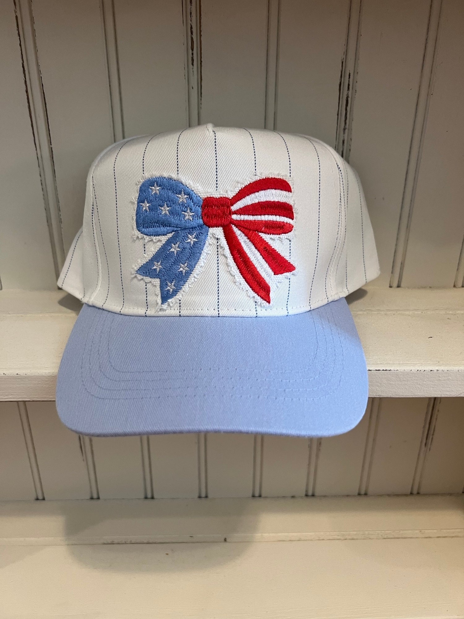 Pinstripe Hat with Embroidered Bow