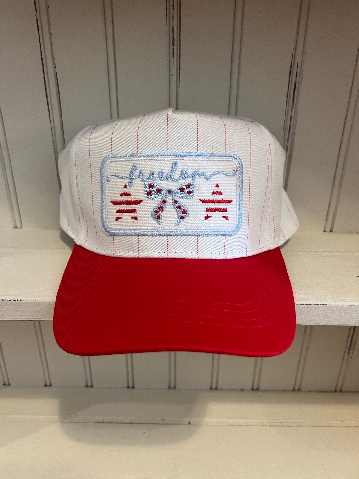 Striped Embroidered Hat, Red and White