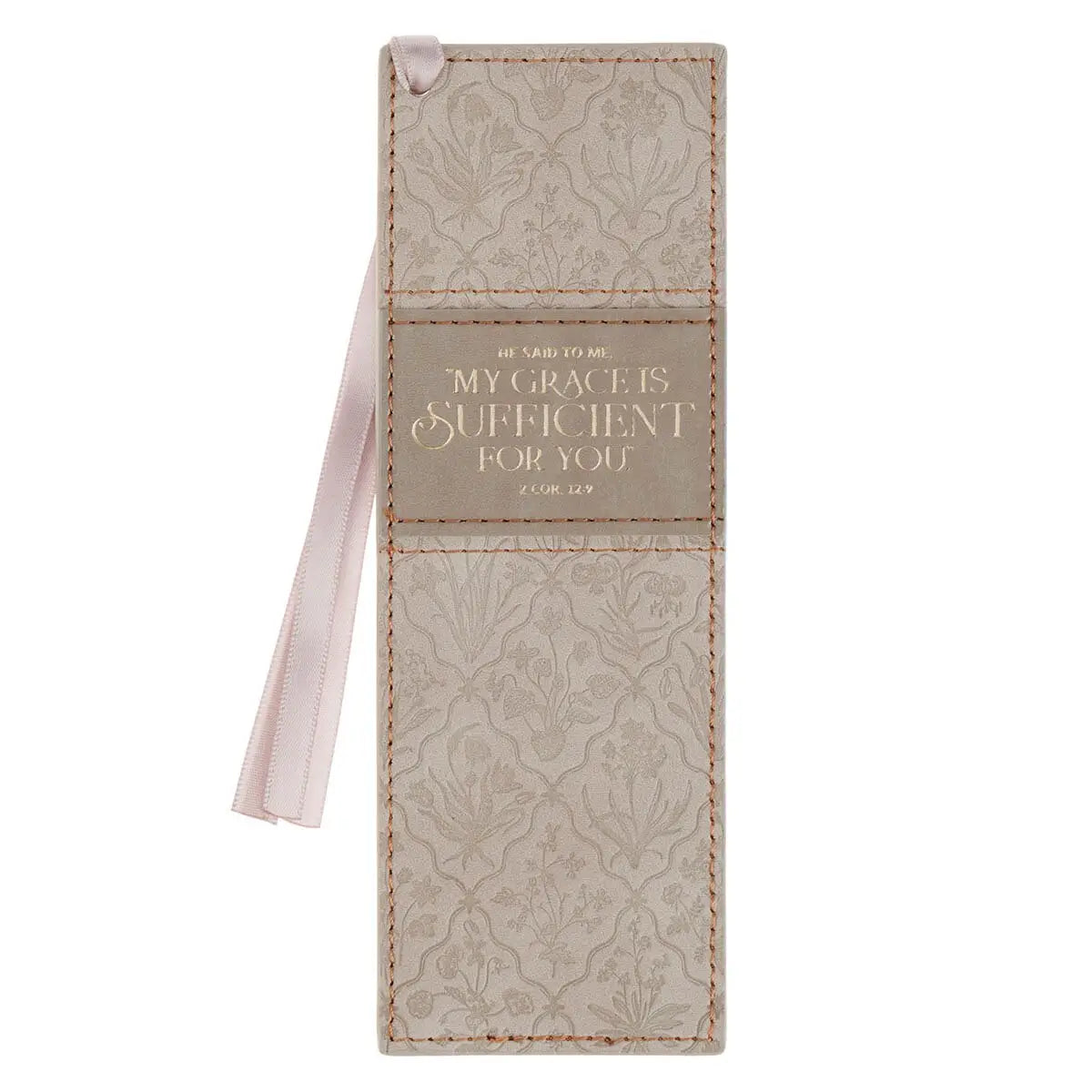 Sufficient Grace Taupe Floral Faux Leather Bookmark