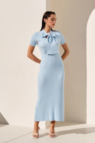 Bow Detailed Short Sleeve Sweater Dress, Light Blue
