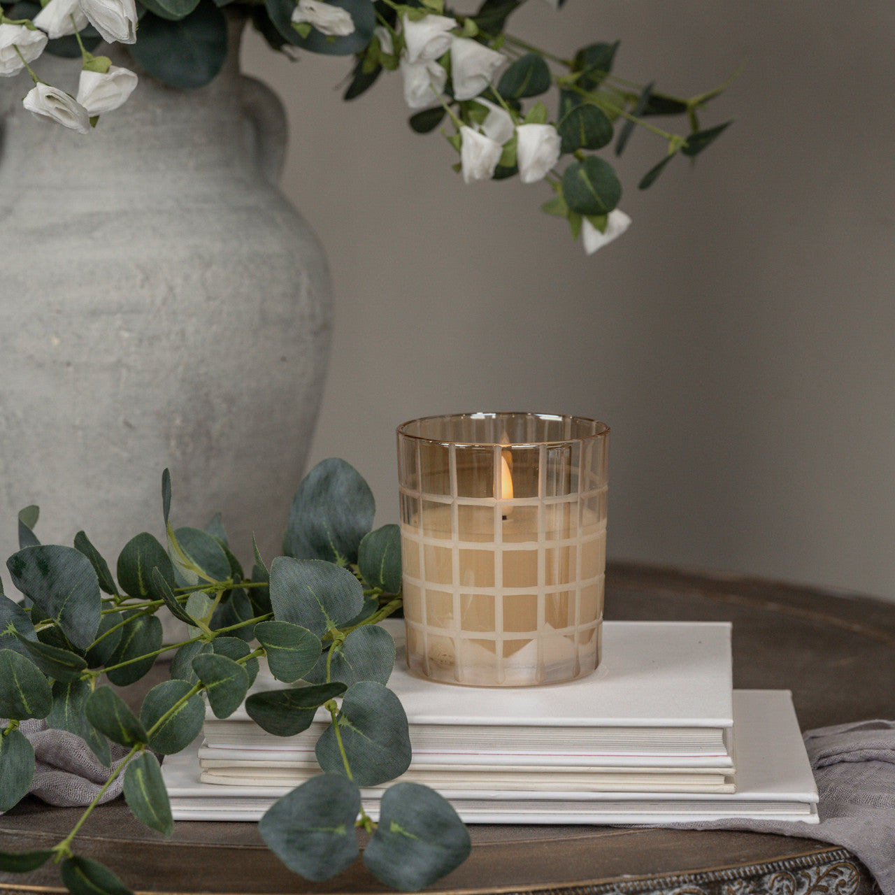 Etched Grid Flameless Candle, Champagne