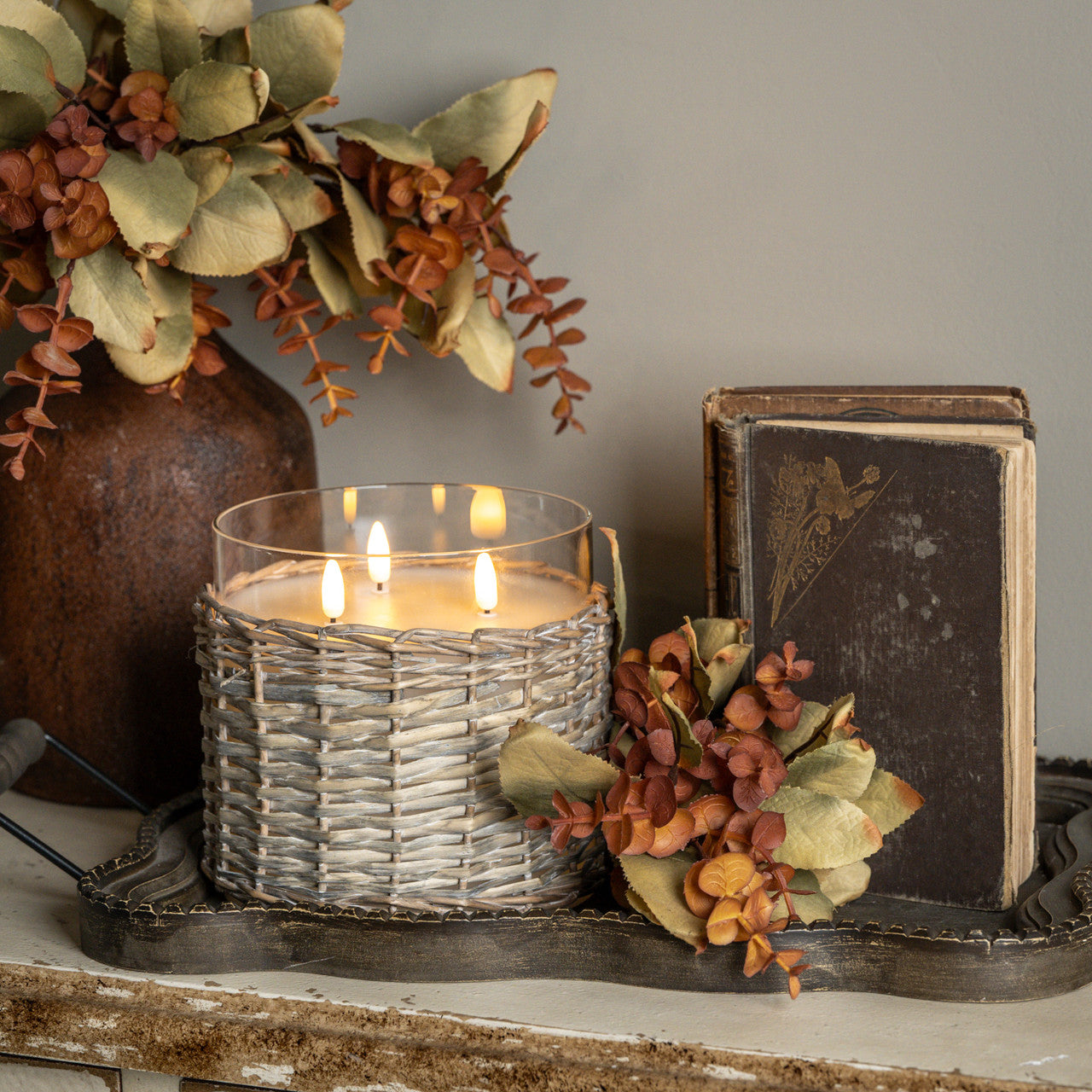 6" Woven Wicker Glass Flameless Candle