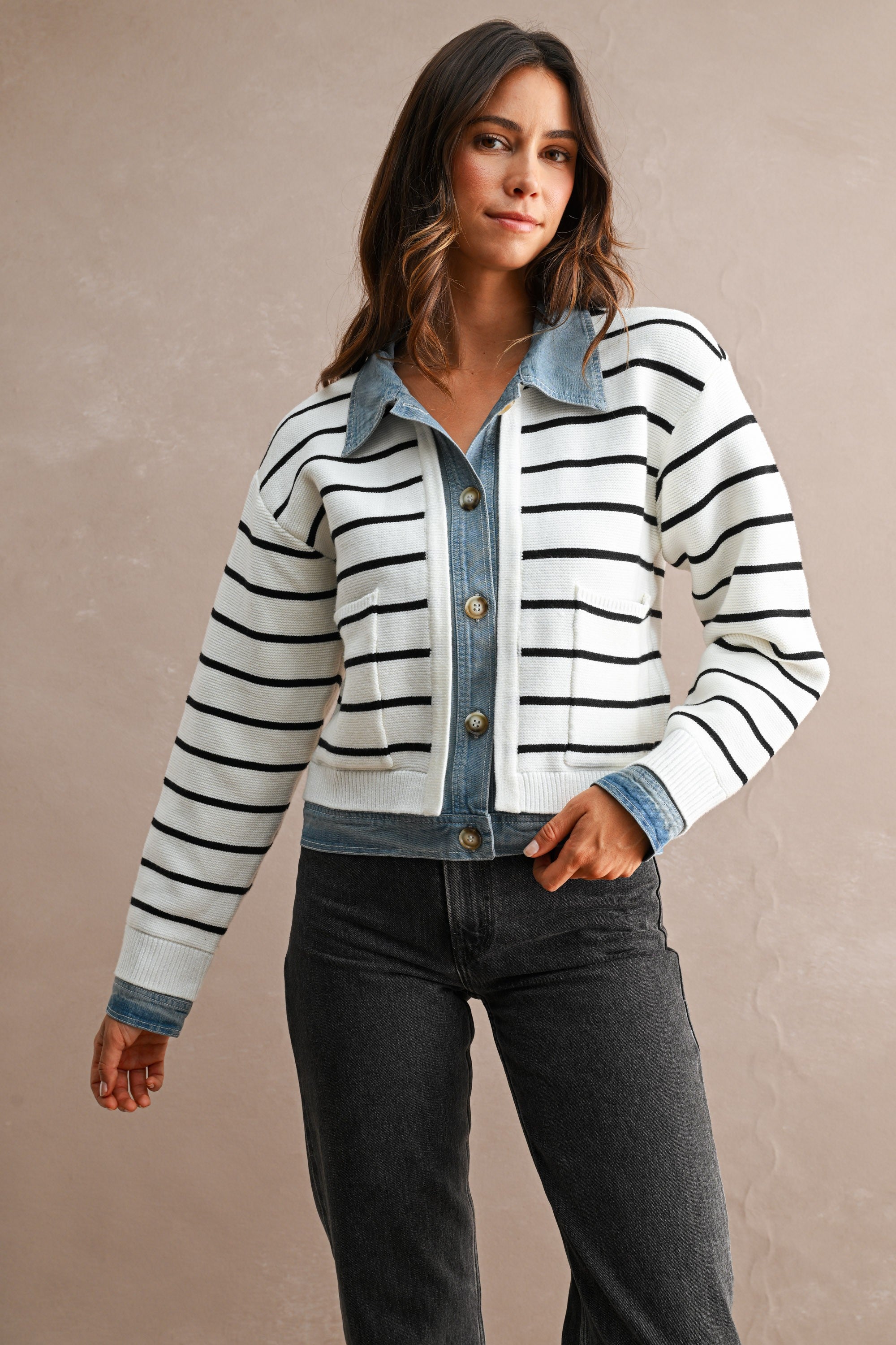 Stripe Knit and Denim Mix Cardigan