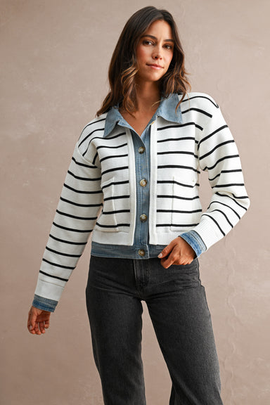 Stripe Knit and Denim Mix Cardigan
