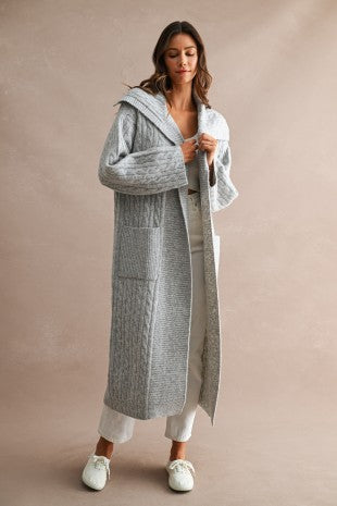 Longline Cable Knit Cardigan, Shawl Collar