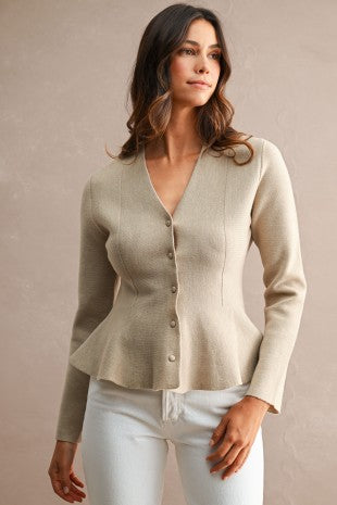 Solid V-neck Peplum Cardigan