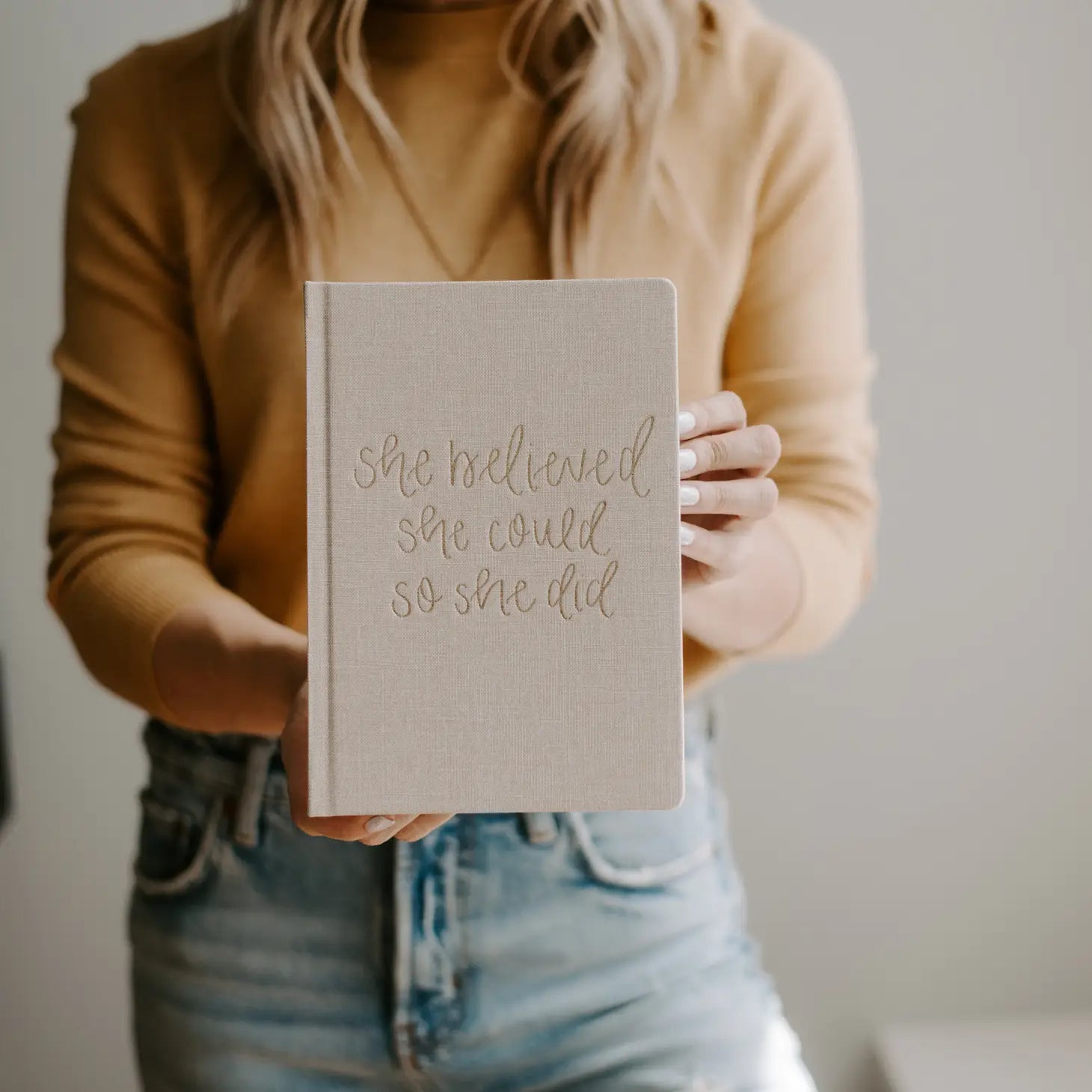 She Believed She Could - Tan and Gold Foil Fabric Journal
